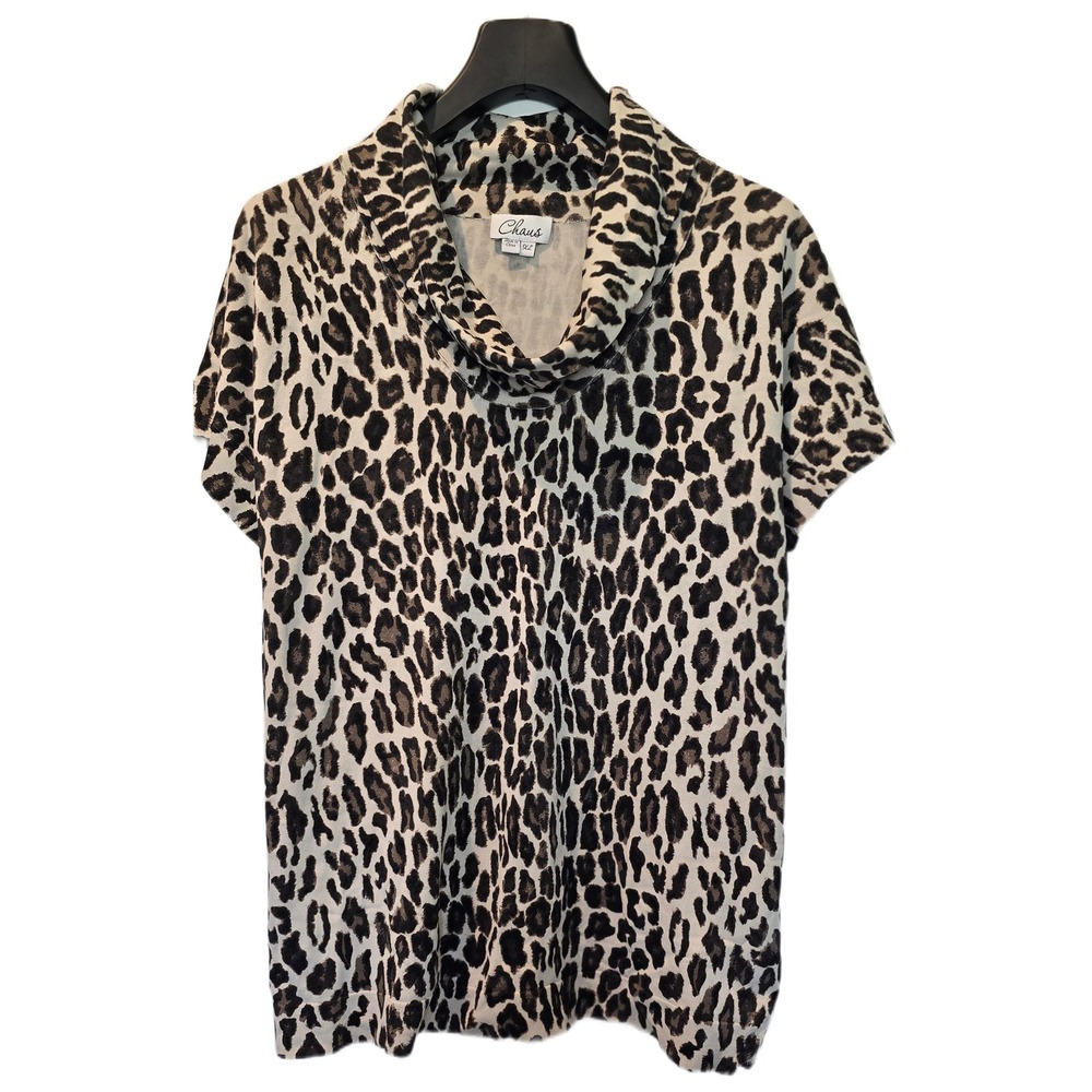 Chaus Womens XL Leopard Print Cowl Neck Silk Blend Short Sleeve Knit Sweater Top